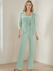 3 Pieces Square Neck 3/4 Sleeves Floor-Length Mother of the Bride Pantsuits with Sequins