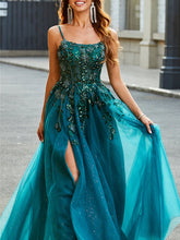 A-Line/Princess Spaghetti Straps Sleeveless Floor-Length Evening Dress with Appliques