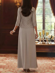 2 Pieces A-Line/Princess Square Collar Chiffon Mother of the Bride Dresses with Jacket Lace Ankle-Length 3/4 Sleeves