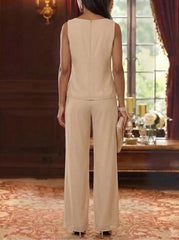 3 Pieces Chiffon Scoop Mother of the Bride Pantsuits with Jacket Ankle-Length 3/4 Sleeves Lace Floral