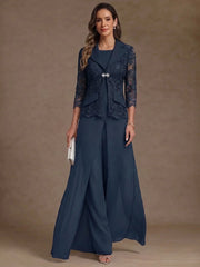 3 Pieces Suit Scoop Chiffon Mother of the Bride Pantsuits with Jacket Overskirt Lace Ankle-Length 3/4 Sleeves