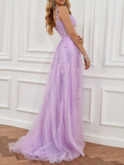 A-Line Sweep/Brush Train Sleeveless Sweetheart Tulle Backless Prom Dress with Beading Slit Appliques