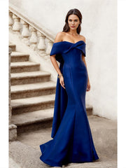 A-Line Floor Length Short Sleeve V Neck Prom Dress Pocket Satin with Criss Cross