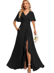 A Line V Neck Flutter Sleeve Floor Length Bridesmaid Dresses with Pockets with Slit Ruffles