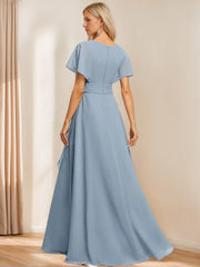A Line V Neck Flutter Sleeve Floor Length Bridesmaid Dresses with Pockets with Slit Ruffles