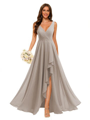 A-Line/Princess V Neck Sleeveless Floor Length Bridesmaid Dresses Chiffon with Slit Pockets