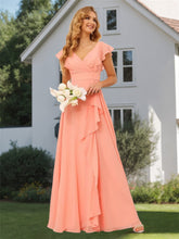 A-Line/Princess V Neck Short Sleeve Floor Length Bridesmaid Dresses With Ruffled Split