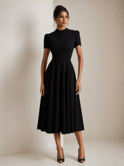 A-Line Stretch Satin Crew Neck Wedding Guest Dresses Tea-Length Pleated Short Sleeves