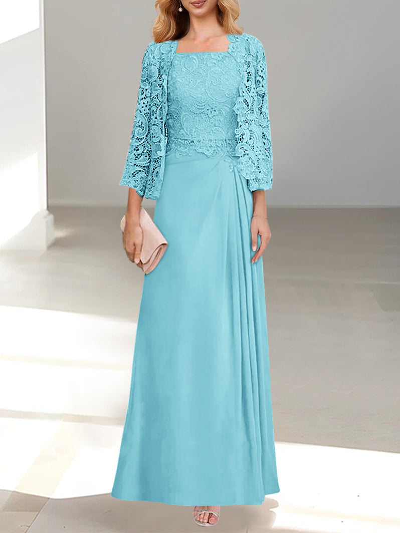 2 Pieces A-Line/Princess Scoop Floor-Length Mother of the Bride Dresses with Pleated & Lace Appliques