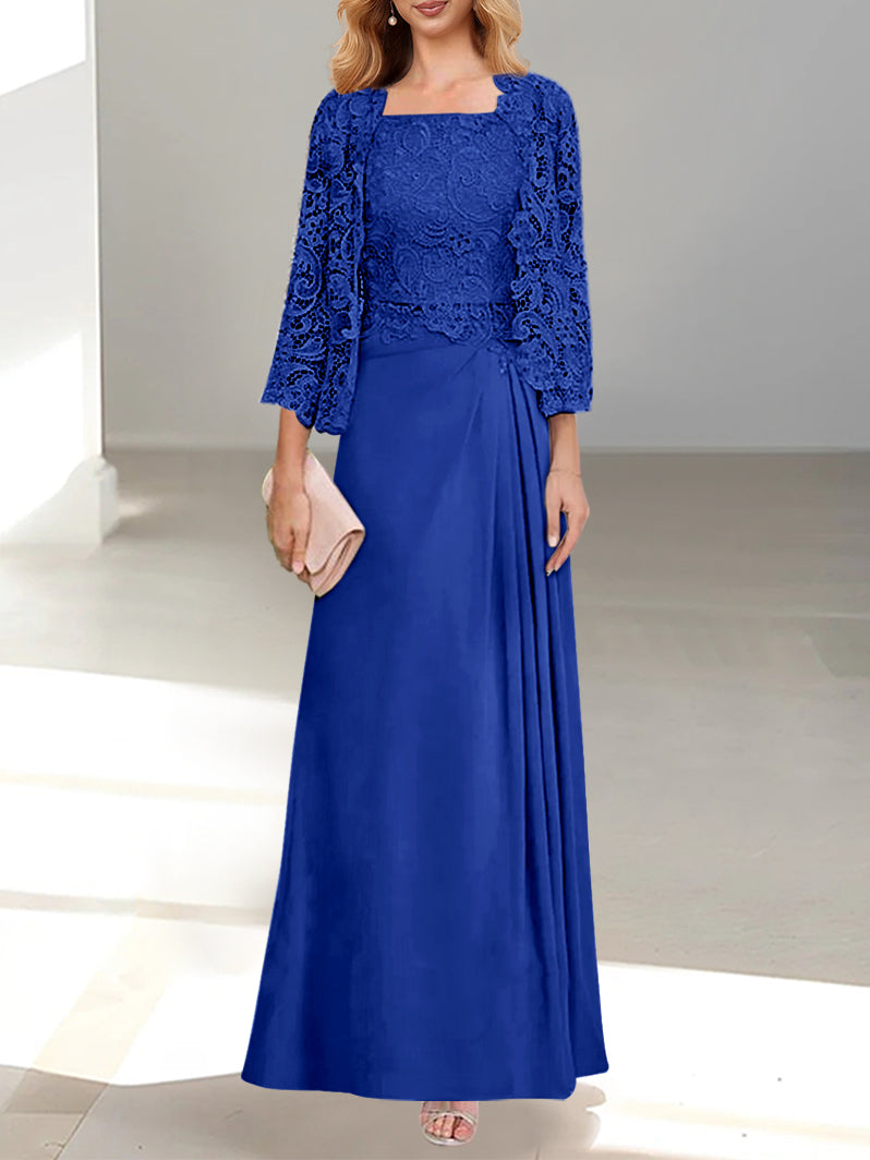 2 Pieces A-Line/Princess Scoop Floor-Length Mother of the Bride Dresses with Pleated & Lace Appliques