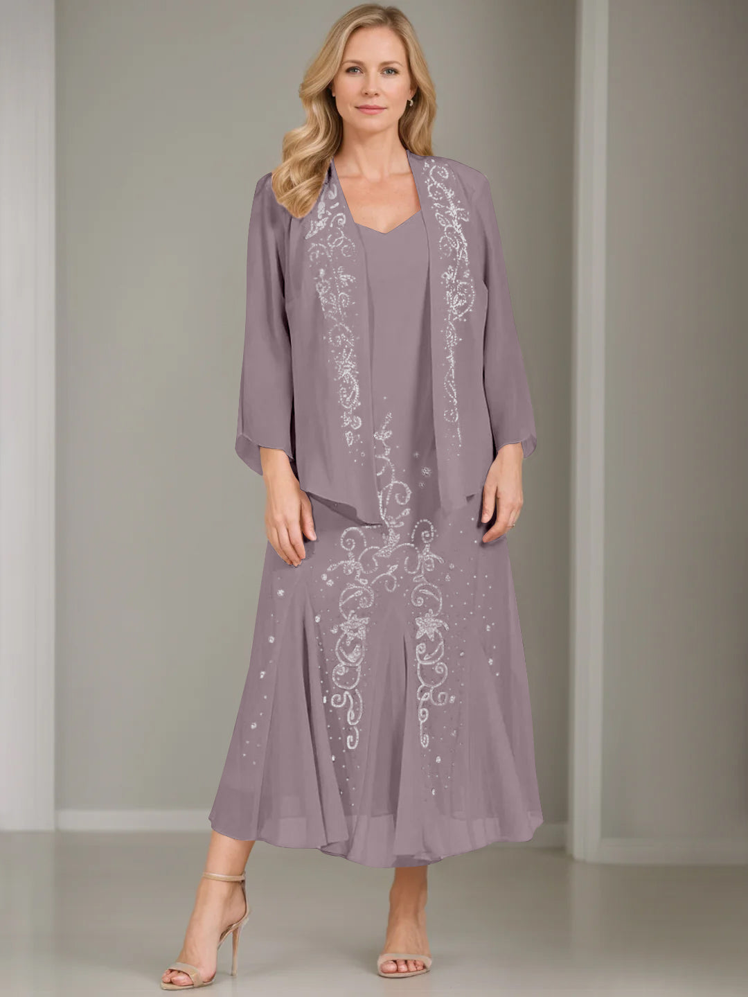 A-Line/Princess 2 Pieces V-Neck Tea-Length Plus Size Mother of the Bride Dresses with Jacket & Sequins