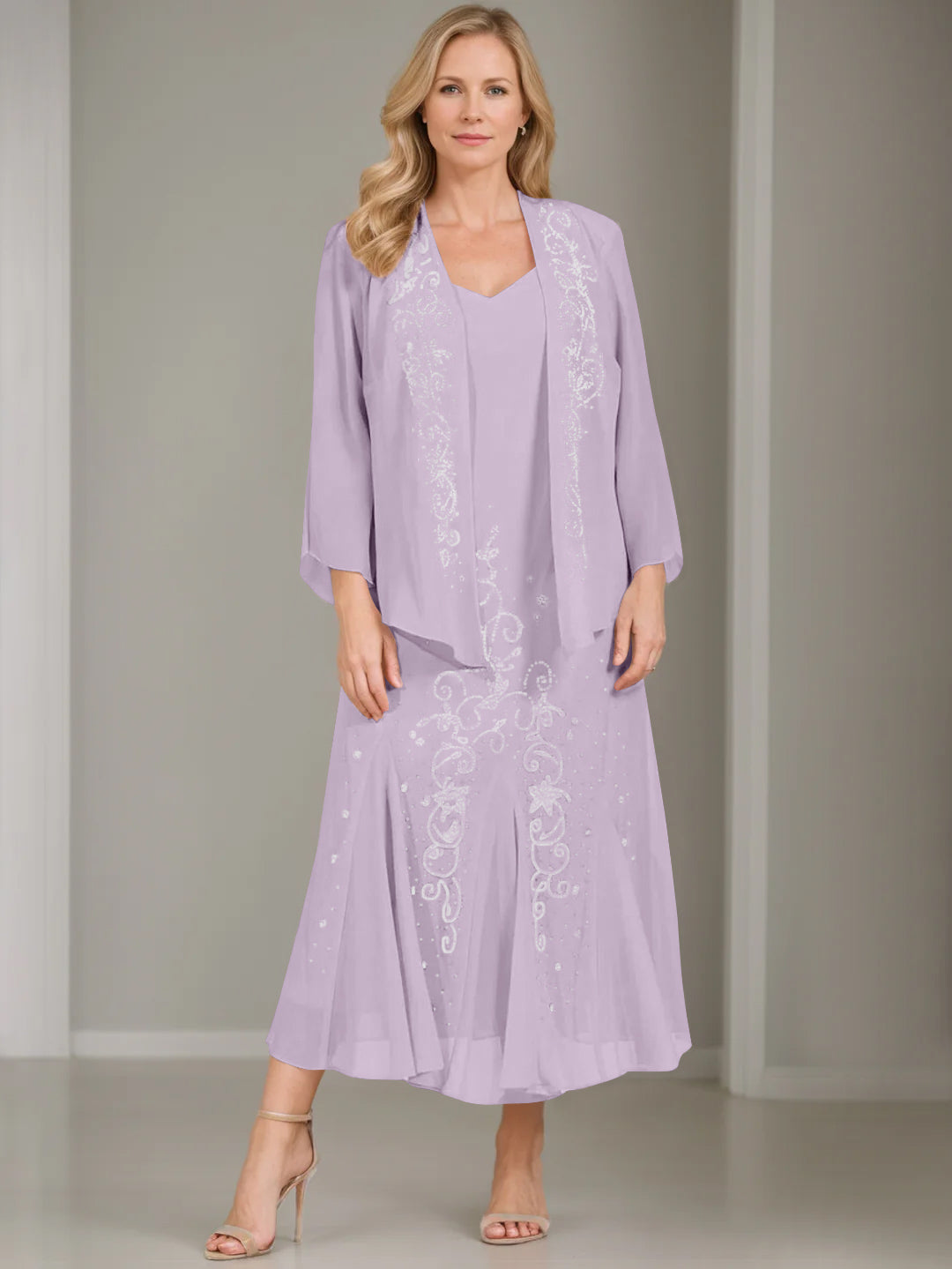A-Line/Princess 2 Pieces V-Neck Tea-Length Plus Size Mother of the Bride Dresses with Jacket & Sequins