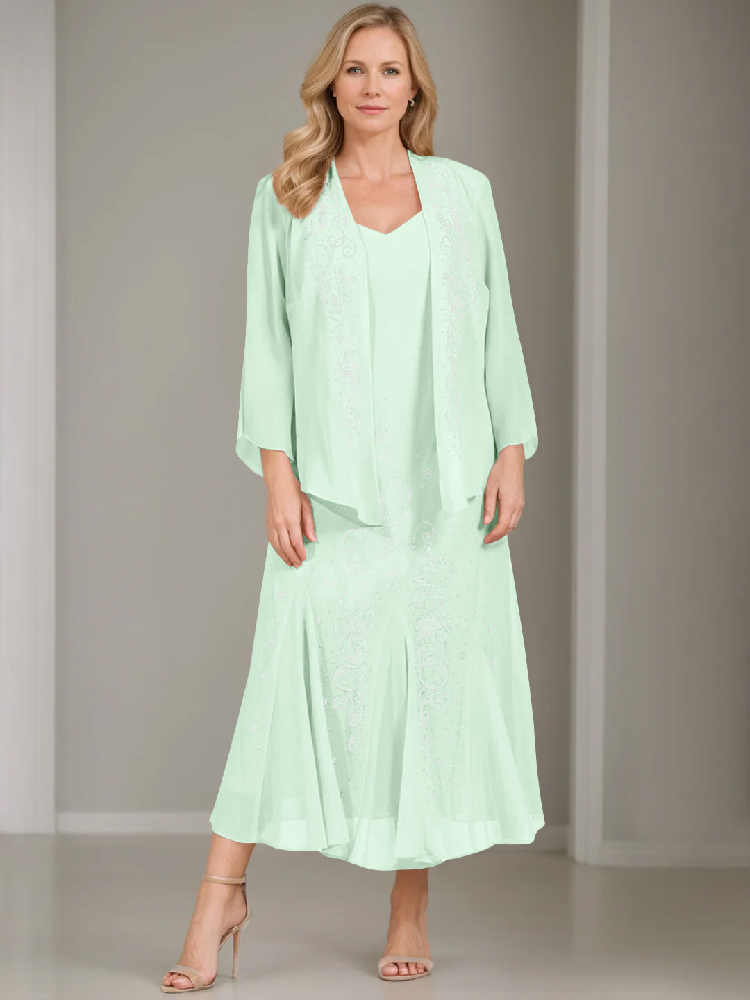 A-Line/Princess 2 Pieces V-Neck Tea-Length Plus Size Mother of the Bride Dresses with Jacket & Sequins