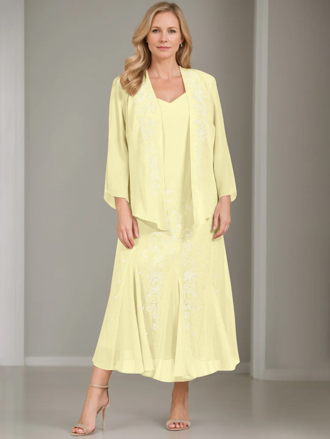A-Line/Princess 2 Pieces V-Neck Tea-Length Plus Size Mother of the Bride Dresses with Jacket & Sequins