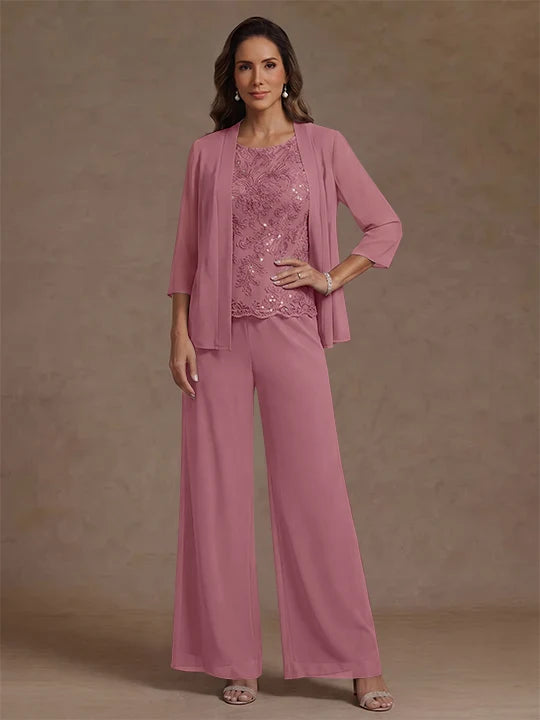 3 Pieces Suit Chiffon Mother of the Bride Pantsuits with Jacket Scoop 3/4 Sleeves Ankle Length Lace Sequins