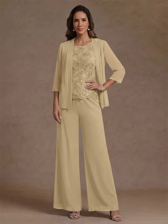 3 Pieces Suit Chiffon Mother of the Bride Pantsuits with Jacket Scoop 3/4 Sleeves Ankle Length Lace Sequins