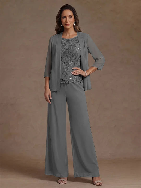 3 Pieces Suit Chiffon Mother of the Bride Pantsuits with Jacket Scoop 3/4 Sleeves Ankle Length Lace Sequins