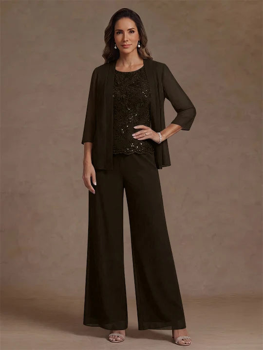 3 Pieces Suit Chiffon Mother of the Bride Pantsuits with Jacket Scoop 3/4 Sleeves Ankle Length Lace Sequins