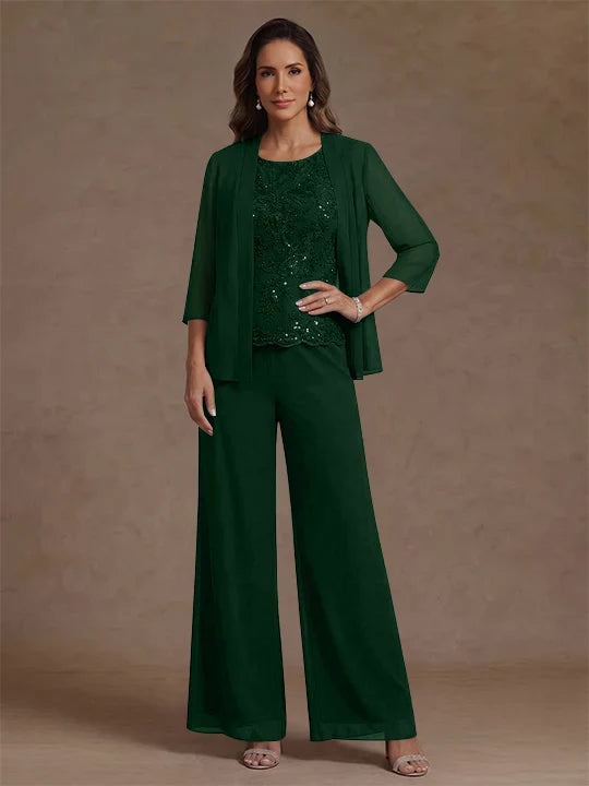 3 Pieces Suit Chiffon Mother of the Bride Pantsuits with Jacket Scoop 3/4 Sleeves Ankle Length Lace Sequins