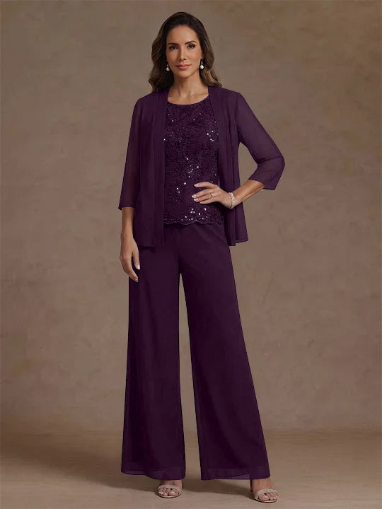 3 Pieces Suit Chiffon Mother of the Bride Pantsuits with Jacket Scoop 3/4 Sleeves Ankle Length Lace Sequins