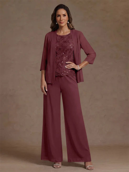 3 Pieces Suit Chiffon Mother of the Bride Pantsuits with Jacket Scoop 3/4 Sleeves Ankle Length Lace Sequins