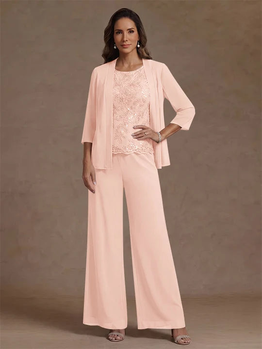 3 Pieces Suit Chiffon Mother of the Bride Pantsuits with Jacket Scoop 3/4 Sleeves Ankle Length Lace Sequins