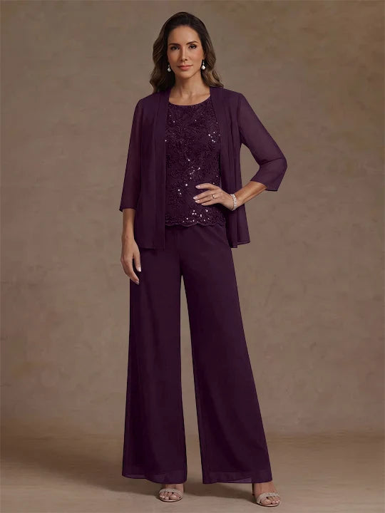 3 Pieces Suit Chiffon Mother of the Bride Pantsuits with Jacket Scoop 3/4 Sleeves Ankle Length Lace Sequins