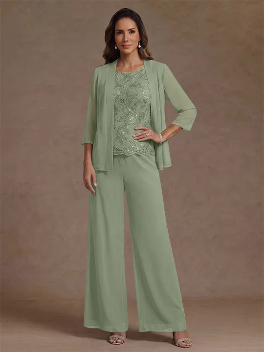 3 Pieces Suit Chiffon Mother of the Bride Pantsuits with Jacket Scoop 3/4 Sleeves Ankle Length Lace Sequins