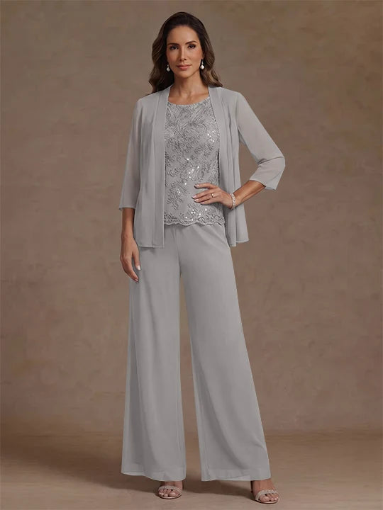 3 Pieces Suit Chiffon Mother of the Bride Pantsuits with Jacket Scoop 3/4 Sleeves Ankle Length Lace Sequins
