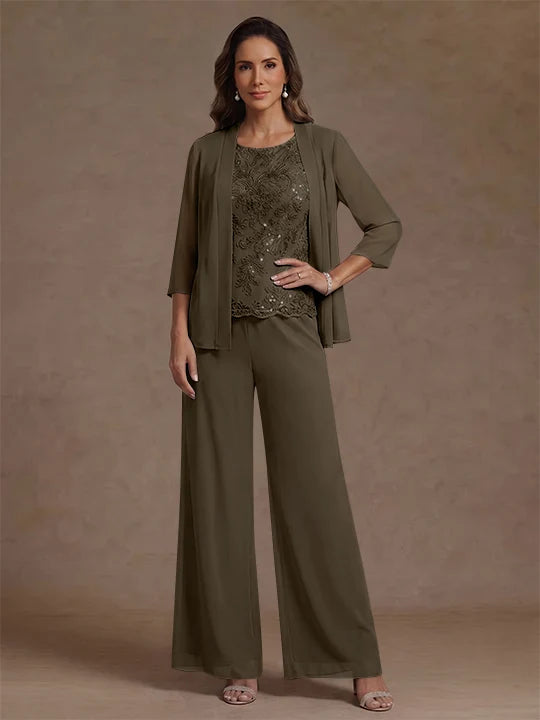 3 Pieces Suit Chiffon Mother of the Bride Pantsuits with Jacket Scoop 3/4 Sleeves Ankle Length Lace Sequins