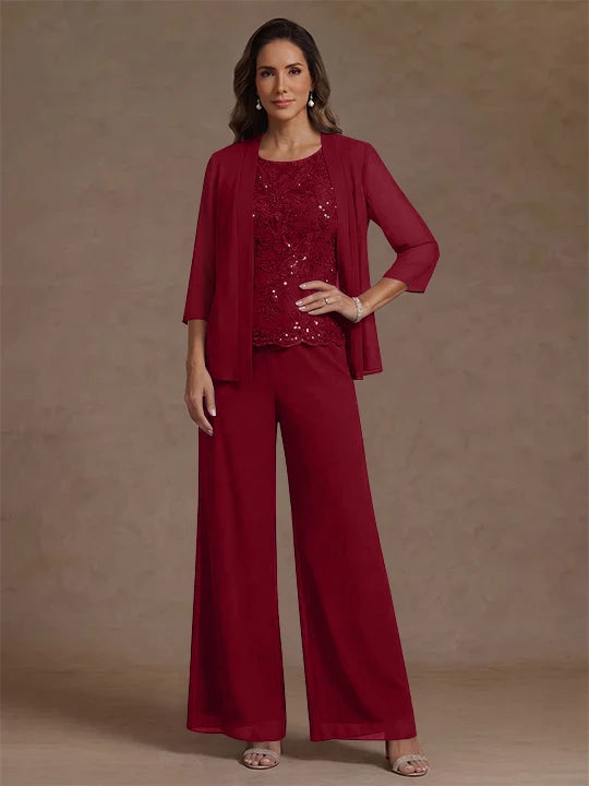 3 Pieces Suit Chiffon Mother of the Bride Pantsuits with Jacket Scoop 3/4 Sleeves Ankle Length Lace Sequins