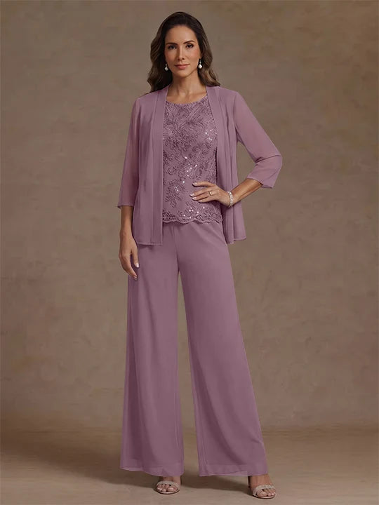 3 Pieces Suit Chiffon Mother of the Bride Pantsuits with Jacket Scoop 3/4 Sleeves Ankle Length Lace Sequins