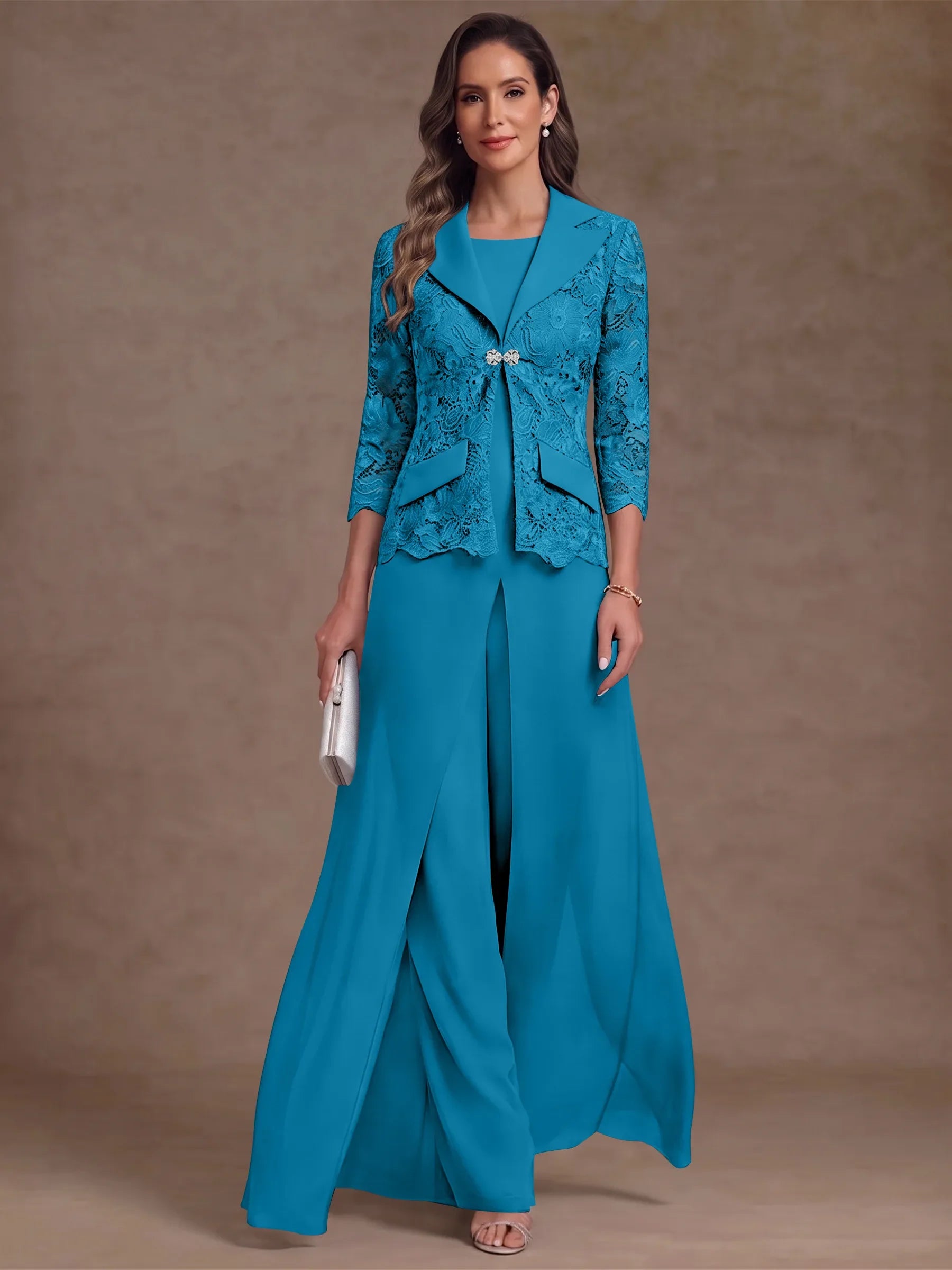3 Pieces Suit Scoop Chiffon Mother of the Bride Pantsuits with Jacket Overskirt Lace Ankle-Length 3/4 Sleeves