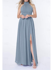 A Line/Princess Halter Neck  Sleeveless Elegant Floor-Length Wedding Guest Dress