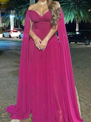 A-Line Sweep/Brush Train Sleeveless Off Shoulder  Wedding Guest Dress Capes Chiffon with Pleats