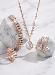 4 Pieces Rhinestone Wedding Jewelry Sets For Bridal & Bridesmaid Earrings & Necklace & Bracelet & Ring