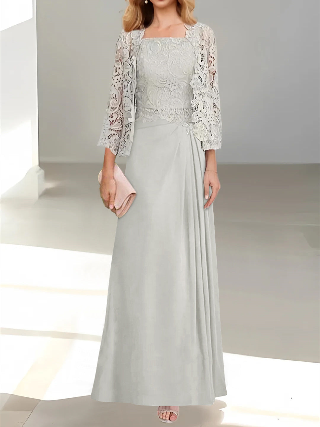 2 Pieces A-Line/Princess Scoop Floor-Length Mother of the Bride Dresses with Pleated & Lace Appliques