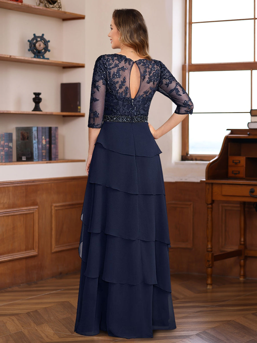 A-Line/Princess 3/4 Sleeves Floor-Length Elegant Mother of the Bride & Groom Dresses with Lace Appliques & Ruffles