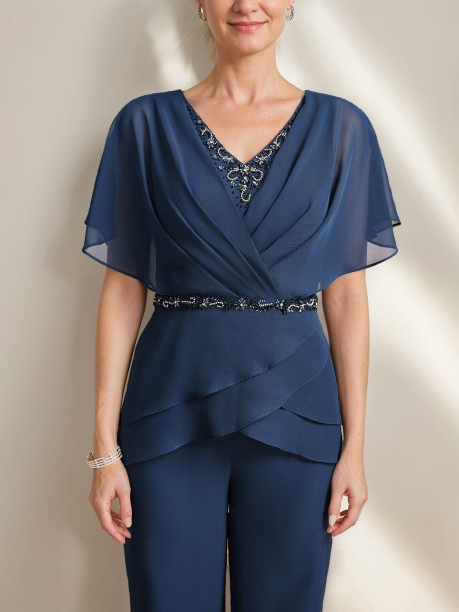 2 Pieces V-Neck Ruched Flutter Sleeves Floor-Length Beading Mother of the Bride Pantsuits