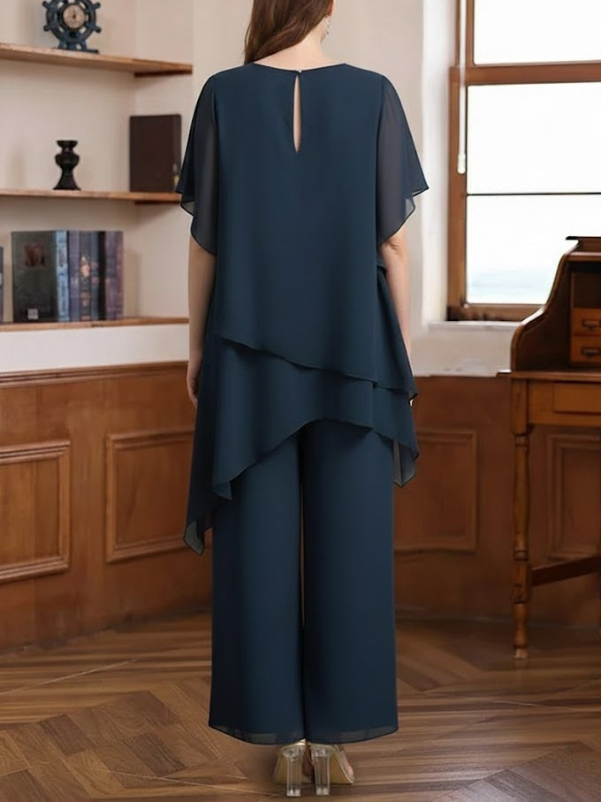 2 Pieces Scoop Chiffon Plus Size Mother of the Bride Pantsuits Ankle-Length Half Sleeves