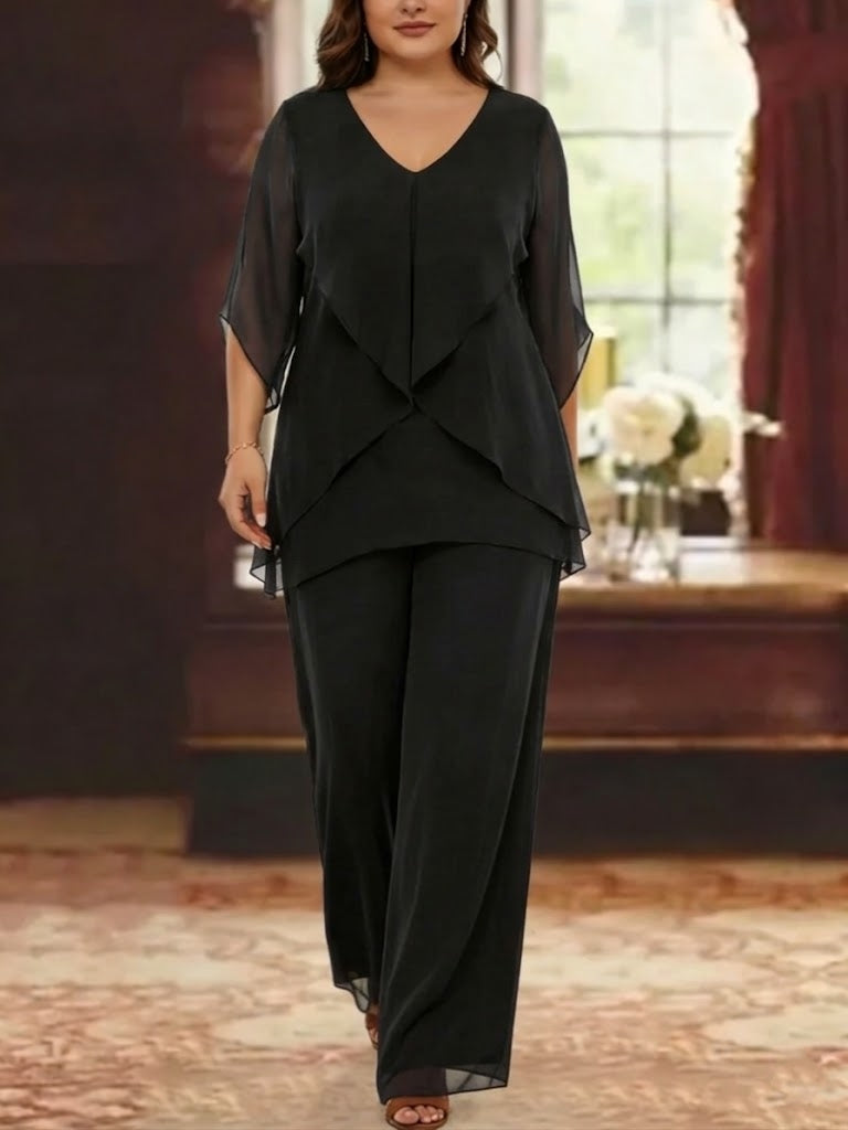 2 Pieces Chiffon V-Neck Plus Size Mother of the Bride Pantsuits with Ruffles Half Sleeves Ankle-Length