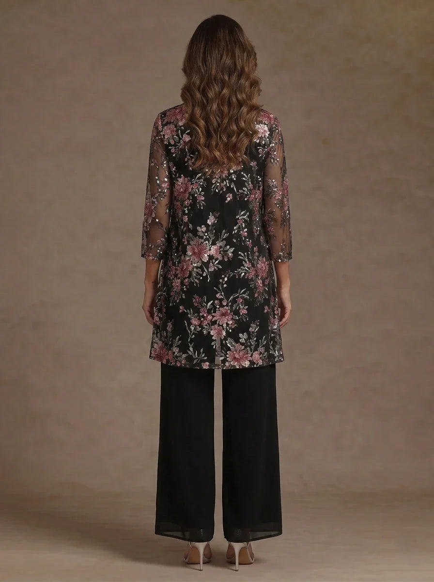 3 Pieces Suit Scoop Chiffon Mother of the Bride Pantsuits with Jacket Floral 3/4 Sleeves Ankle-Length