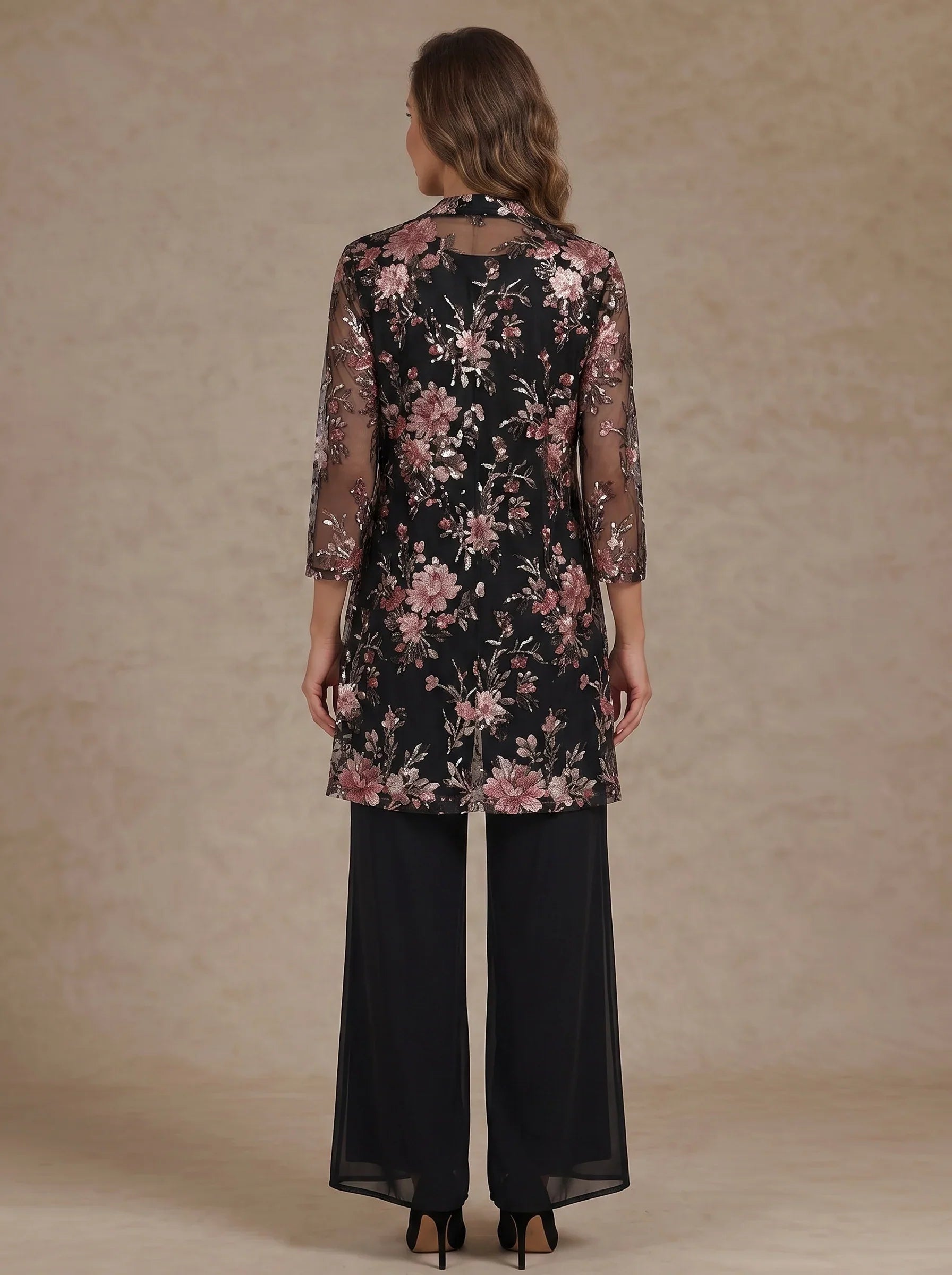 3 Pieces Scoop Chiffon Mother of the Bride Pantsuit Floral Ankle-Length 3/4 Sleeves&Sleeveless with Jacket