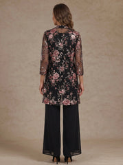 3 Pieces Scoop Chiffon Mother of the Bride Pantsuit Floral Ankle-Length 3/4 Sleeves&Sleeveless with Jacket